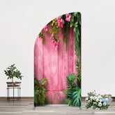 Aperturee - Aperturee Pink Retro Wooden Wall Greenery Floral Half Moon Arch Backdrop