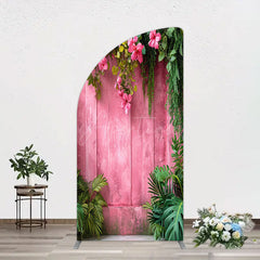 Aperturee - Aperturee Pink Retro Wooden Wall Greenery Floral Half Moon Arch Backdrop