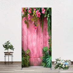 Aperturee - Aperturee Pink Retro Wooden Wall Greenery Floral Rectangle Backdrop