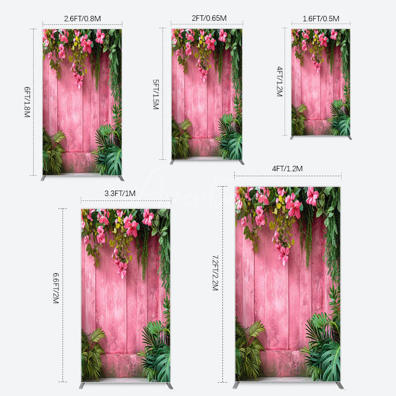 Aperturee - Aperturee Pink Retro Wooden Wall Greenery Floral Rectangle Backdrop