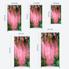 Aperturee - Aperturee Pink Retro Wooden Wall Greenery Floral Rectangle Backdrop