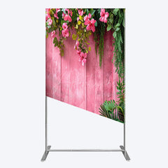 Aperturee - Aperturee Pink Retro Wooden Wall Greenery Floral Rectangle Backdrop