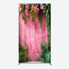 Aperturee - Aperturee Pink Retro Wooden Wall Greenery Floral Rectangle Backdrop
