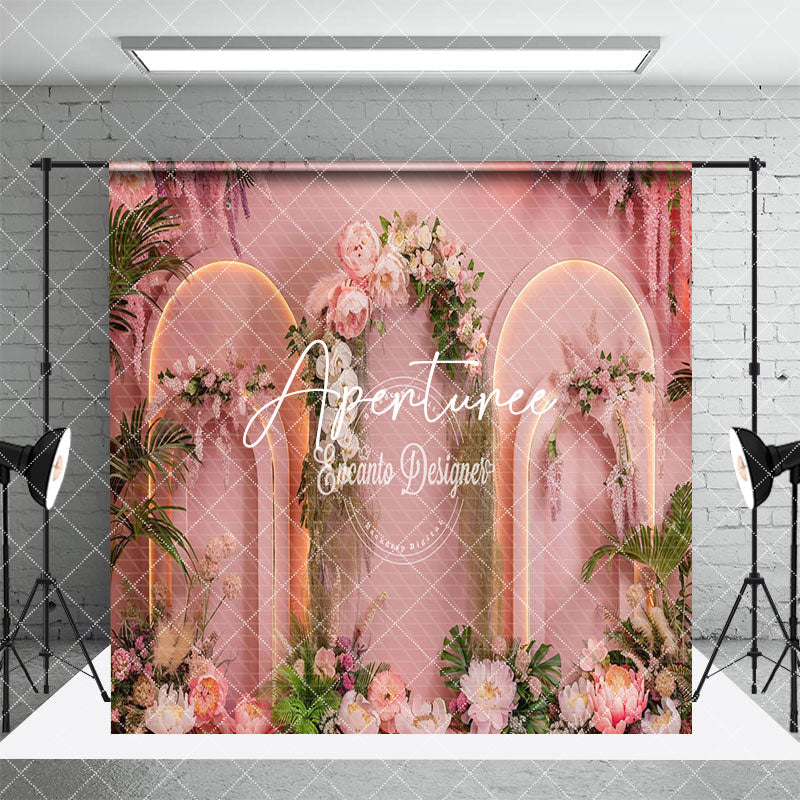 Aperturee - Aperturee Pink Romantic Arch Floral Wedding Room Set Backdrop