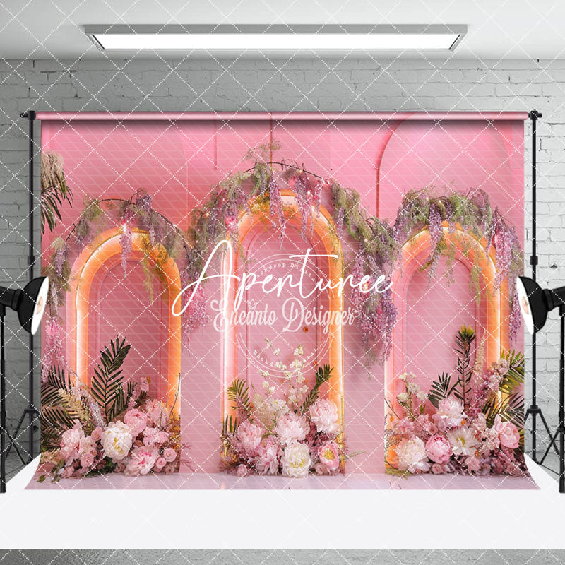 Aperturee - Aperturee Pink Romantic Arch Floral Wedding Room Set Backdrop