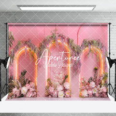 Aperturee - Aperturee Pink Romantic Arch Floral Wedding Room Set Backdrop