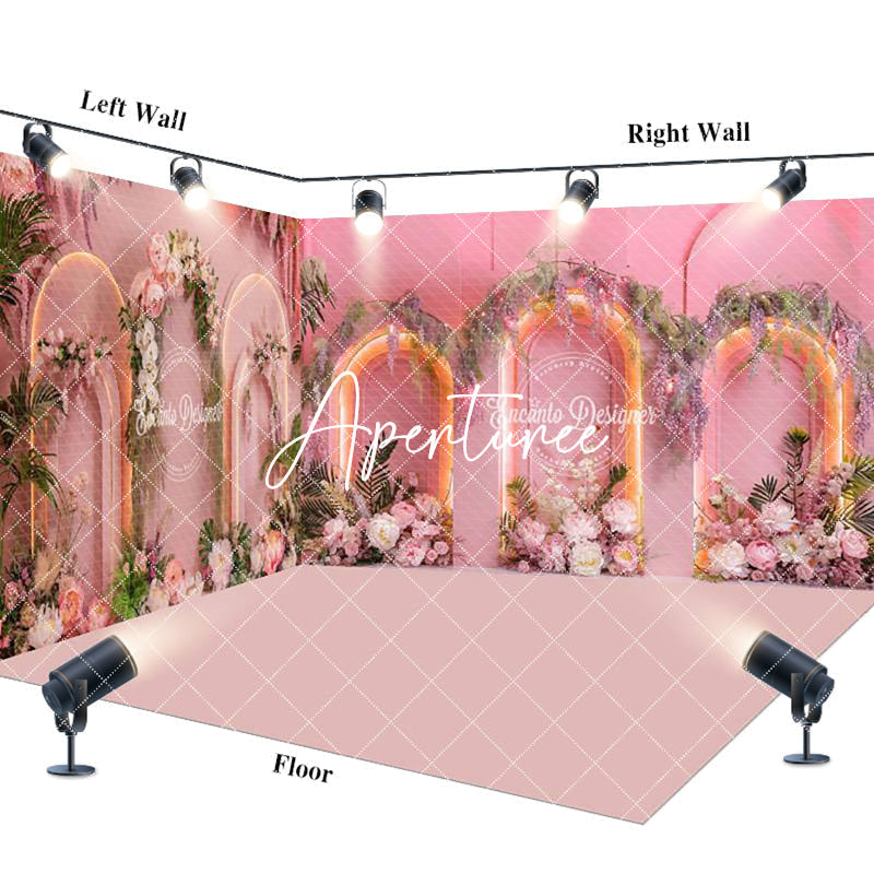 Aperturee - Aperturee Pink Romantic Arch Floral Wedding Room Set Backdrop