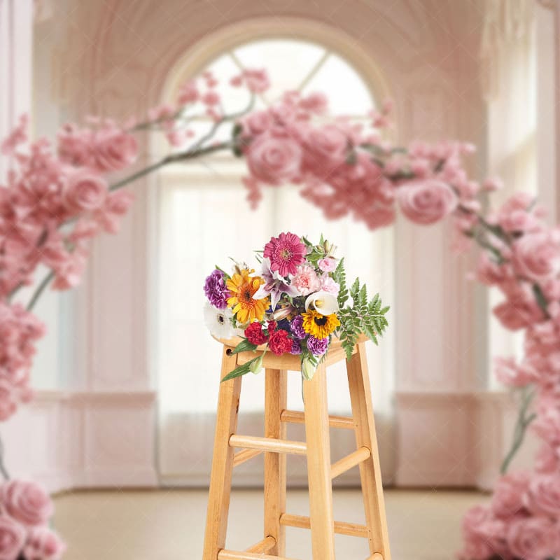 Aperturee - Aperturee Pink Rose Arch Romantic Palace Wedding Photo Backdrop