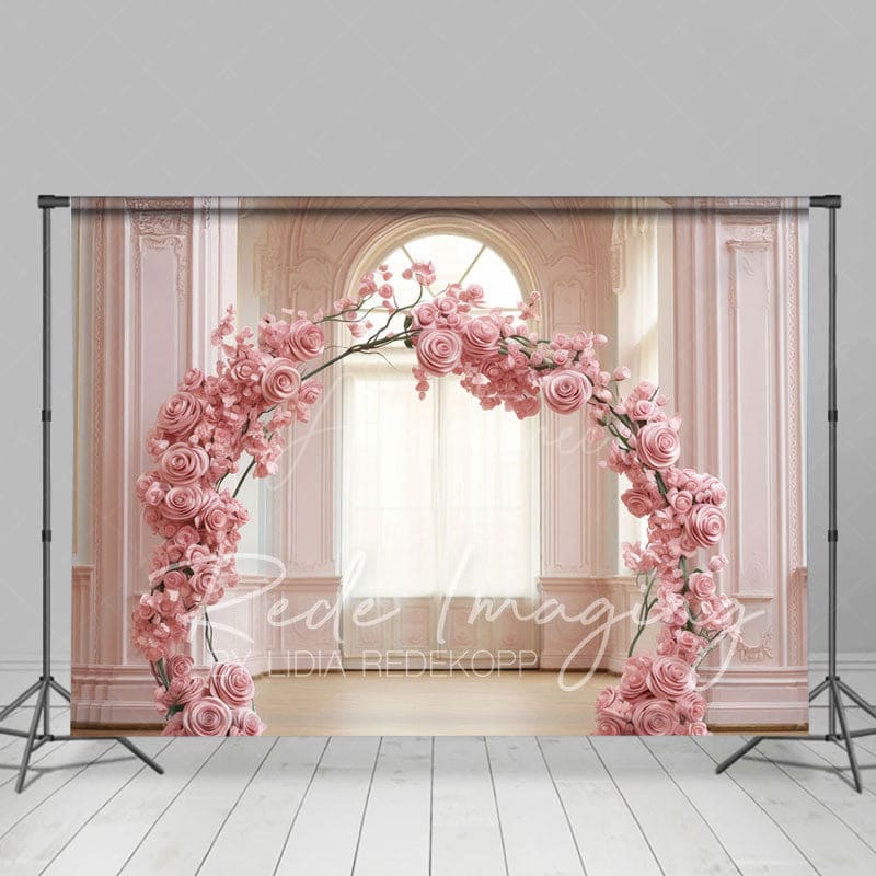 Aperturee - Aperturee Pink Rose Arch Romantic Palace Wedding Photo Backdrop