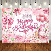Aperturee - Aperturee Pink Rose Bow Crown Glitter Happy Birthday Backdrop