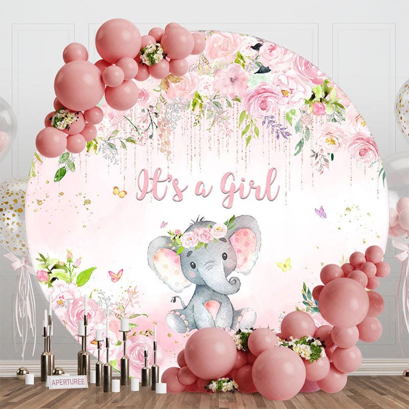 Aperturee - Aperturee Pink Rose Elephant Its A Girl Round Baby Shower Backdrop