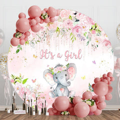 Aperturee - Aperturee Pink Rose Elephant Its A Girl Round Baby Shower Backdrop