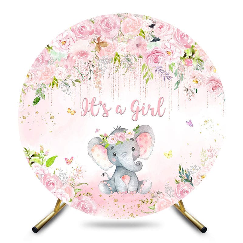 Aperturee - Aperturee Pink Rose Elephant Its A Girl Round Baby Shower Backdrop