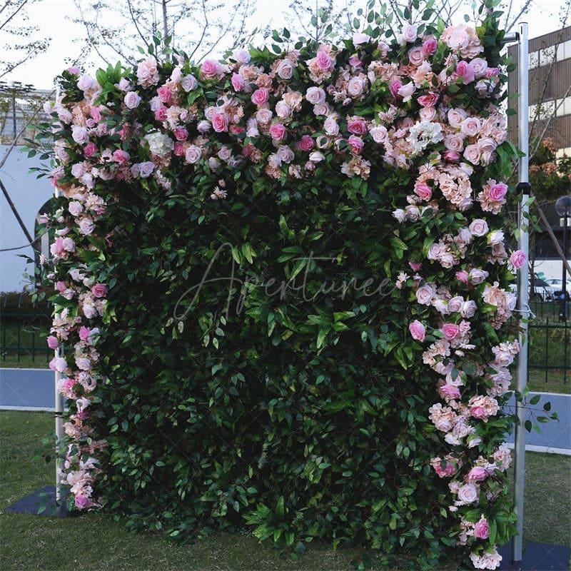 Aperturee - Aperturee Pink Rose Faux Floral Wall Backdrop For Wedding Photo