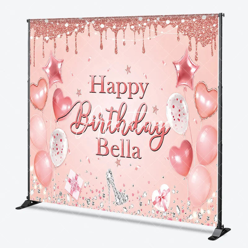 Aperturee - Aperturee Pink Rose Gold Glitter Happy Birthday Custom Backdrop Elegant Balloons Diamonds High Heel Party Decor