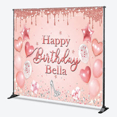 Aperturee - Aperturee Pink Rose Gold Glitter Happy Birthday Custom Backdrop Elegant Balloons Diamonds High Heel Party Decor