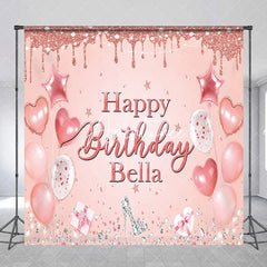 Aperturee - Aperturee Pink Rose Gold Glitter Happy Birthday Custom Backdrop Elegant Balloons Diamonds High Heel Party Decor