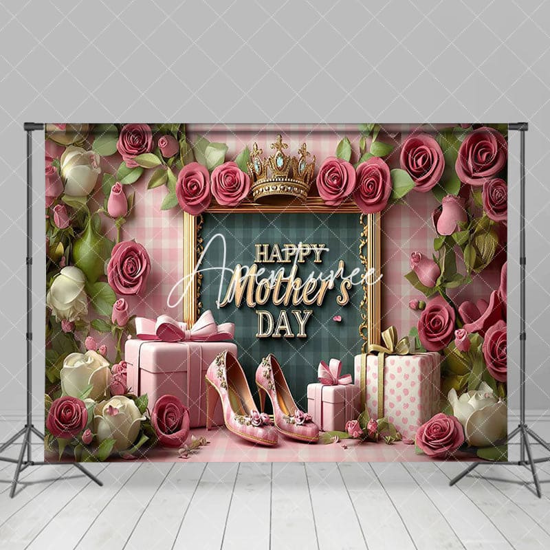 Aperturee - Aperturee Pink Rose Greenery Gifts Happy Mothers Day Backdrop