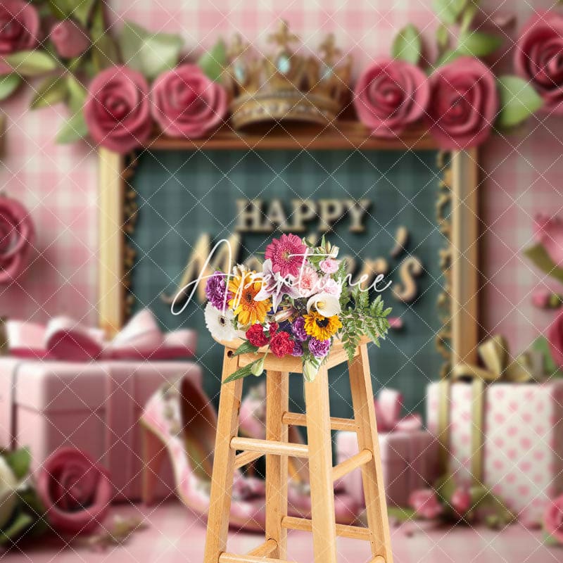 Aperturee - Aperturee Pink Rose Greenery Gifts Happy Mothers Day Backdrop