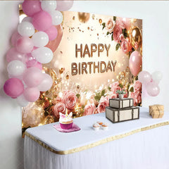 Aperturee - Aperturee Pink Roses and Gold Balloons Birthday Backdrop Elegant Floral Glitter Happy Birthday Party Background for Women