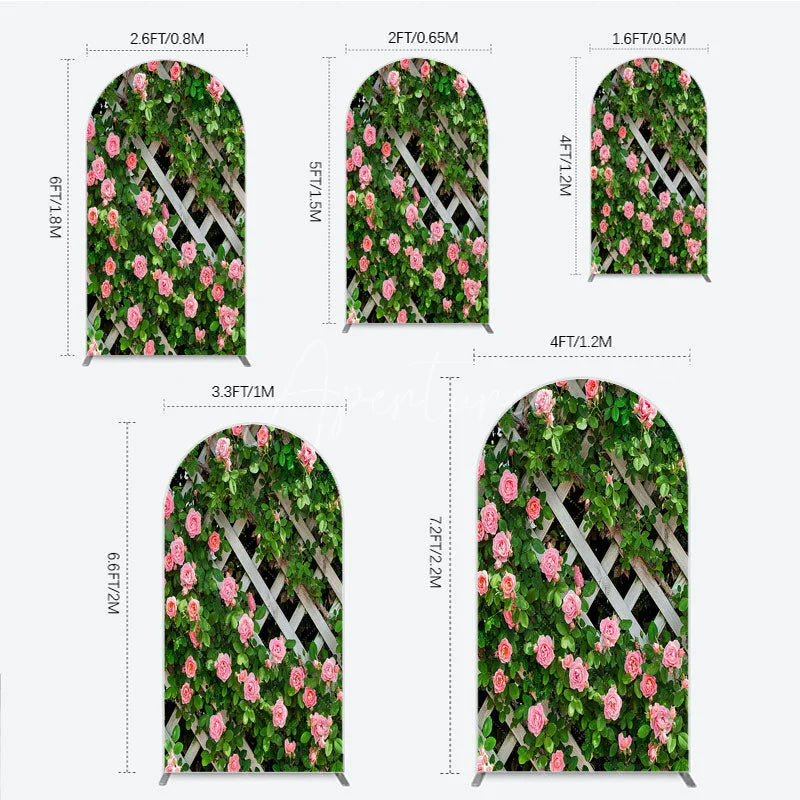 Aperturee - Aperturee Pink Roses on White Trellis Arch Backdrop Floral Garden Fence Wedding and Bridal Shower Photography Background