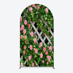 Aperturee - Aperturee Pink Roses on White Trellis Arch Backdrop Floral Garden Fence Wedding and Bridal Shower Photography Background