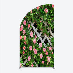 Aperturee - Aperturee Pink Roses on White Trellis Half Moon Arch Backdrop Floral Garden Fence Wedding and Bridal Shower Photography