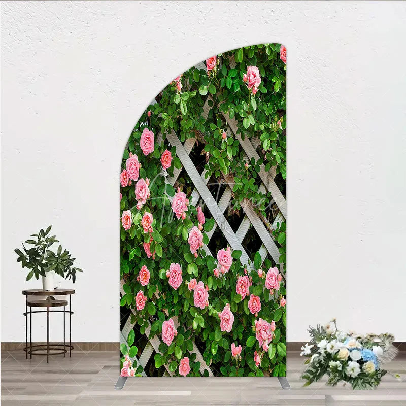 Aperturee - Aperturee Pink Roses on White Trellis Half Moon Arch Backdrop Floral Garden Fence Wedding and Bridal Shower Photography