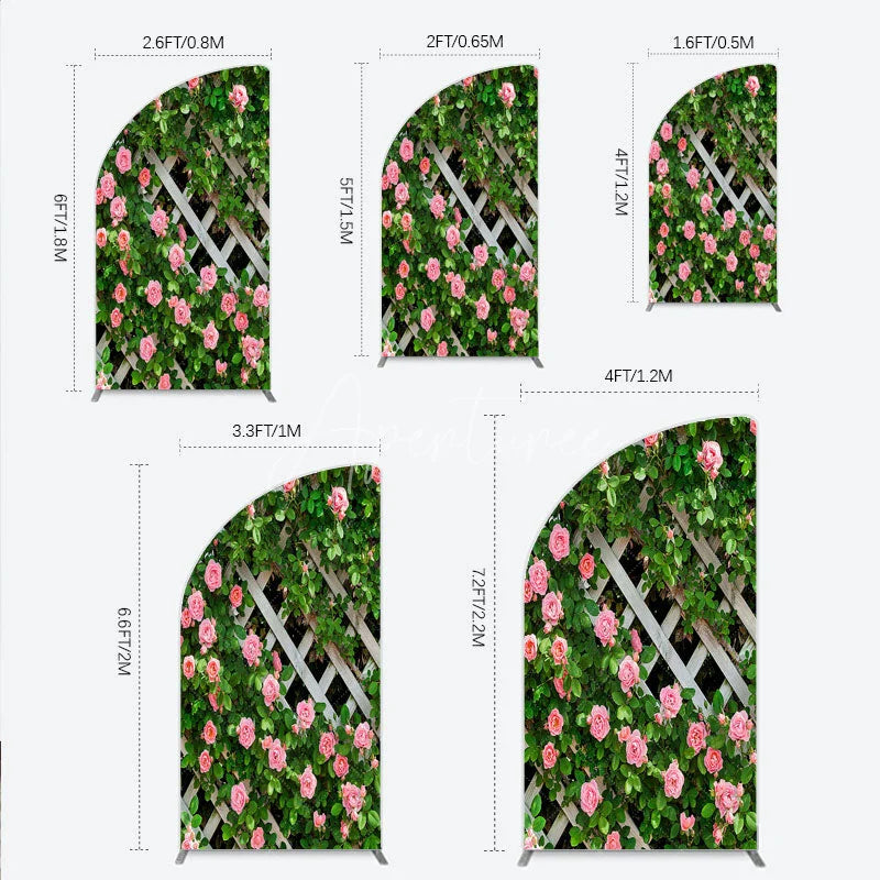 Aperturee - Aperturee Pink Roses on White Trellis Half Moon Arch Backdrop Floral Garden Fence Wedding and Bridal Shower Photography