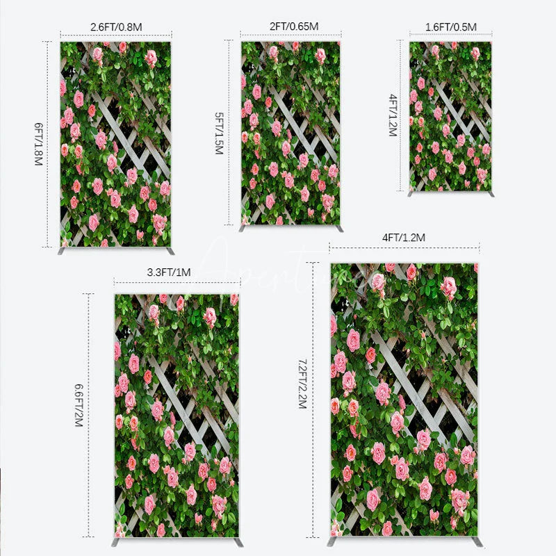 Aperturee - Aperturee Pink Roses on White Trellis Rectangle Backdrop Floral Garden Fence Wedding and Bridal Shower Photography Background