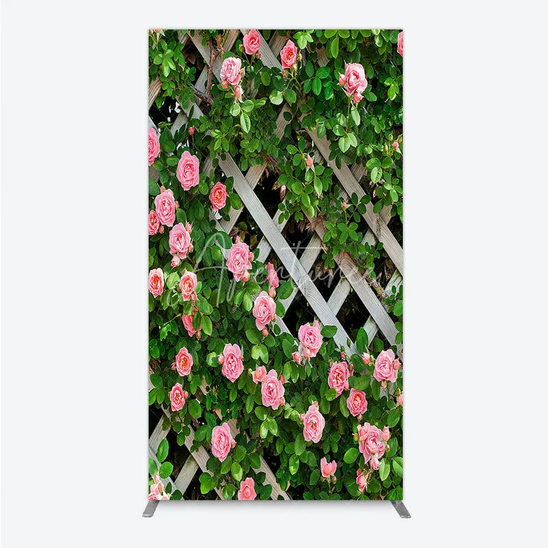 Aperturee - Aperturee Pink Roses on White Trellis Rectangle Backdrop Floral Garden Fence Wedding and Bridal Shower Photography Background