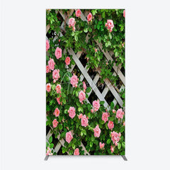 Aperturee - Aperturee Pink Roses on White Trellis Rectangle Backdrop Floral Garden Fence Wedding and Bridal Shower Photography Background