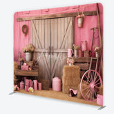 Aperturee - Aperturee Pink Rustic Barn Door Square Double-Sided Backdrop with Hay Bales Flowers and a Pink Wagon Wheel for Celebrations