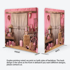 Aperturee - Aperturee Pink Rustic Barn Door Square Double-Sided Backdrop with Hay Bales Flowers and a Pink Wagon Wheel for Celebrations