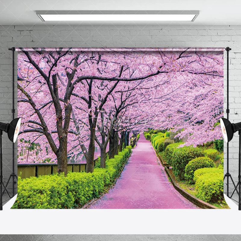 Aperturee - Aperturee Pink Sakura Garden Greenery Path Spring Backdrop