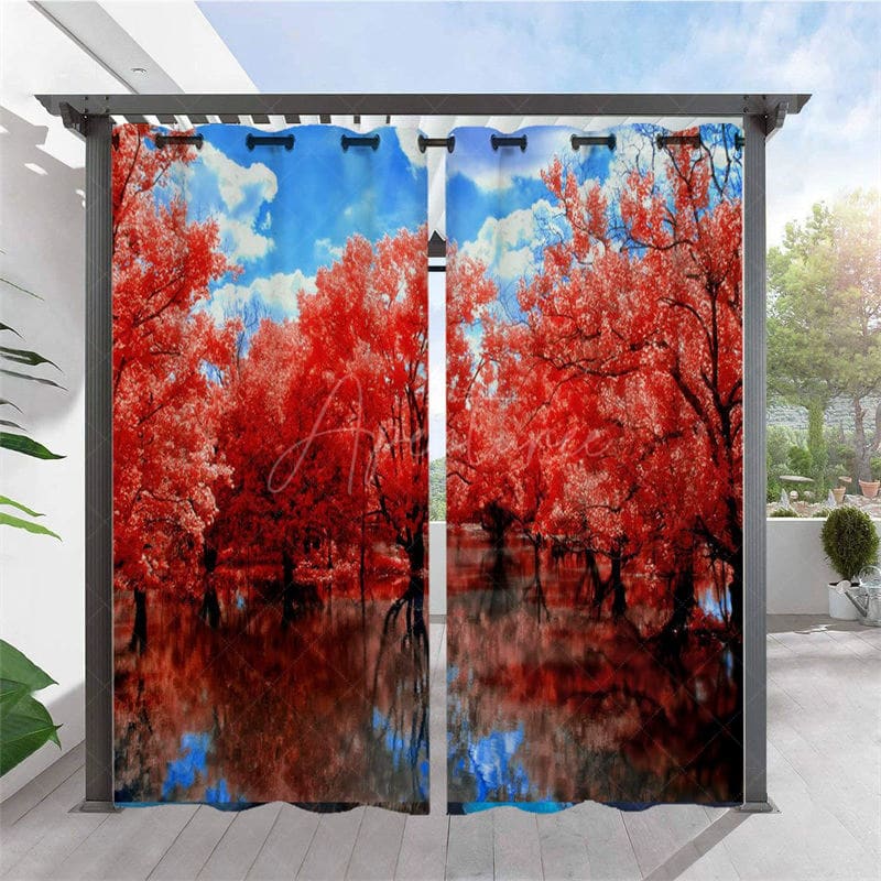 Aperturee - Aperturee Pink Sakura Waterproof Floral Outdoor Curtains For Gazebo