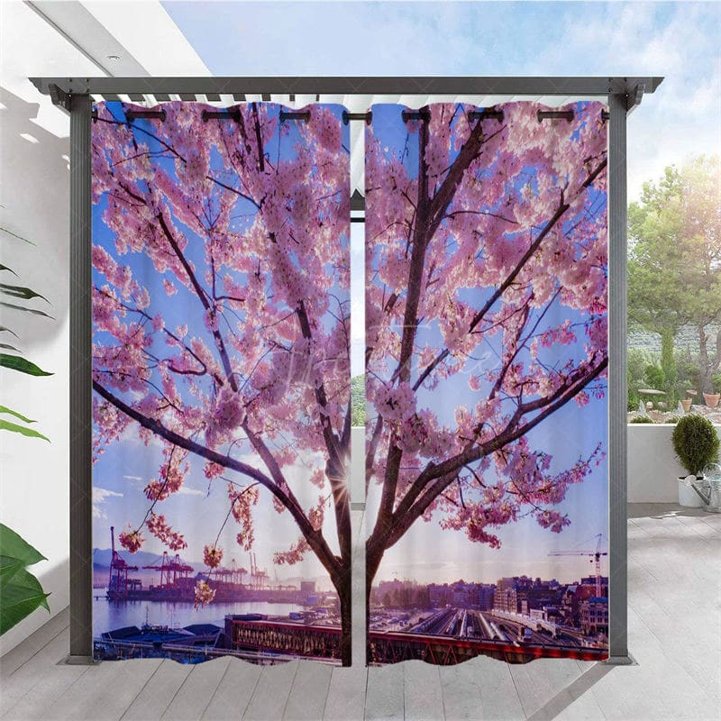 Aperturee - Aperturee Pink Sakura Waterproof Pattern Outdoor Curtains For Porch