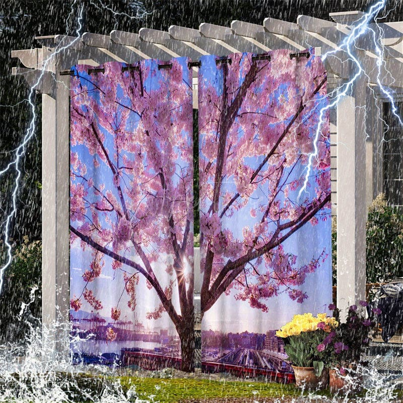 Aperturee - Aperturee Pink Sakura Waterproof Pattern Outdoor Curtains For Porch