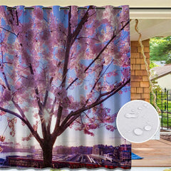 Aperturee - Aperturee Pink Sakura Waterproof Pattern Outdoor Curtains For Porch