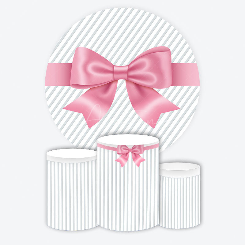 Aperturee - Aperturee Pink Satin Bow and Stripes Round Backdrop Kit Gift Present Theme for Girls Birthday or Baby Shower Decor