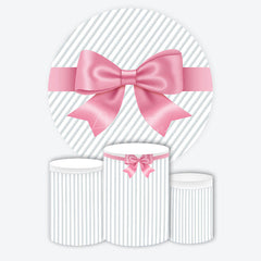 Aperturee - Aperturee Pink Satin Bow and Stripes Round Backdrop Kit Gift Present Theme for Girls Birthday or Baby Shower Decor
