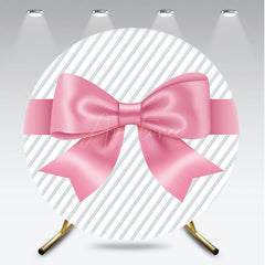 Aperturee - Aperturee Pink Satin Bow and Stripes Round Backdrop Kit Gift Present Theme for Girls Birthday or Baby Shower Decor
