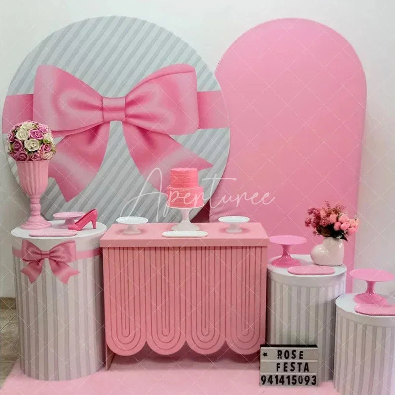 Aperturee - Aperturee Pink Satin Bow and Stripes Round Backdrop Kit Gift Present Theme for Girls Birthday or Baby Shower Decor