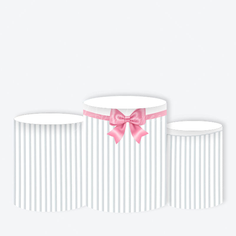 Aperturee - Aperturee Pink Satin Bow and Stripes Round Backdrop Kit Gift Present Theme for Girls Birthday or Baby Shower Decor