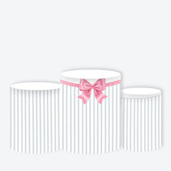 Aperturee - Aperturee Pink Satin Bow and Stripes Round Backdrop Kit Gift Present Theme for Girls Birthday or Baby Shower Decor