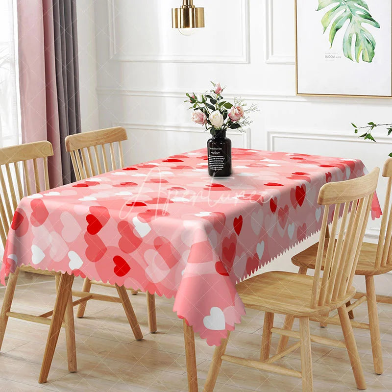 Aperturee - Aperturee Pink Scattered Heart Rectangle Tablecloth Soft Pastel Love Pattern Dreamy Valentine Kitchen Decor