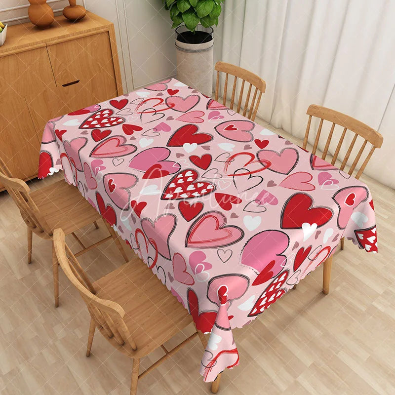Aperturee - Aperturee Pink Scribble Heart Rectangle Tablecloth Sketchy Love Art Table Cover Modern Valentine Day Party Decor