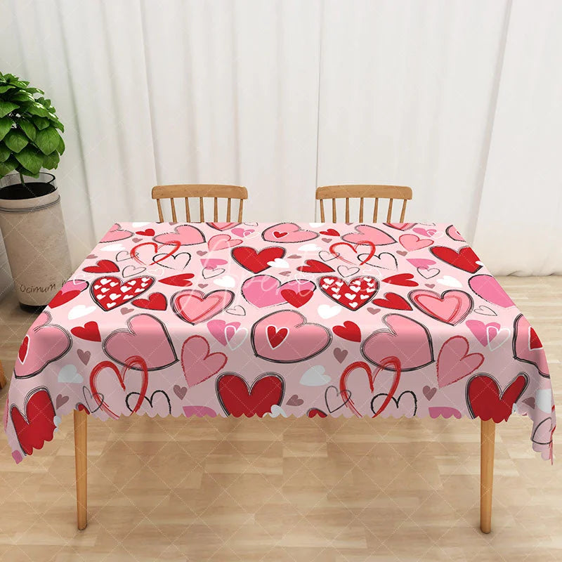 Aperturee - Aperturee Pink Scribble Heart Rectangle Tablecloth Sketchy Love Art Table Cover Modern Valentine Day Party Decor