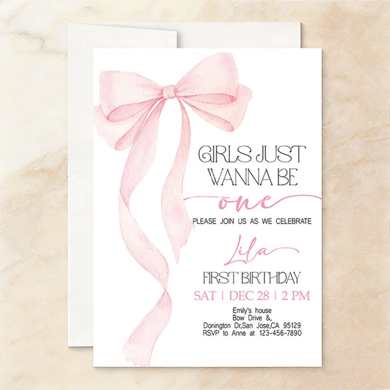 Aperturee - Aperturee Pink Set of 20 Bow Girls Just Wanna Be One First Birthday Custom Invitation Personalized Party Decor