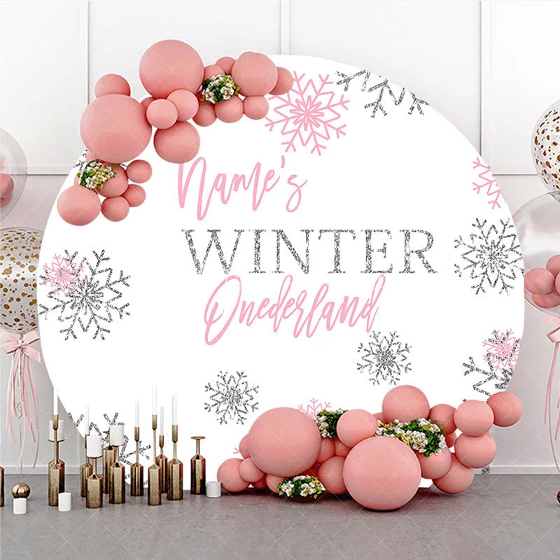 Aperturee - Aperturee Pink Silver Glitter Snowflake Round Backdrop Winter Onederland First Birthday Party Baby Shower Decor